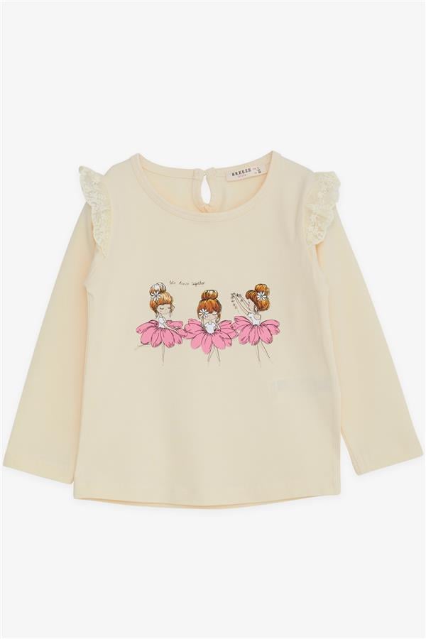 Baby Girl Long-Sleeve T-Shirt with Dancer Girl Print and Lace Trim, Cream (9 Months-3 Years)