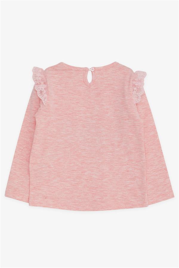 Baby Girl Long-Sleeve T-Shirt with Dancer Girl Print, Lace Trim, Salmon Melange (9 Months-3 Years)