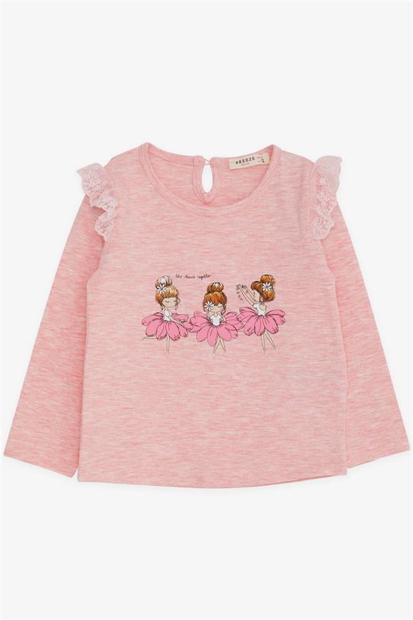Baby Girl Long-Sleeve T-Shirt with Dancer Girl Print, Lace Trim, Salmon Melange (9 Months-3 Years)