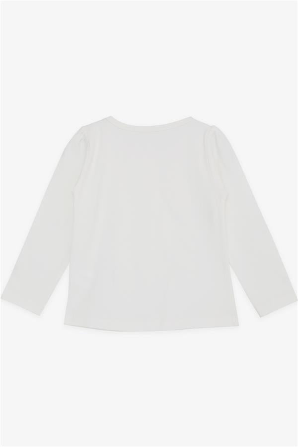Girls' Long-Sleeved T-Shirt with Lace and Bow, Ecru (Ages 3-8)