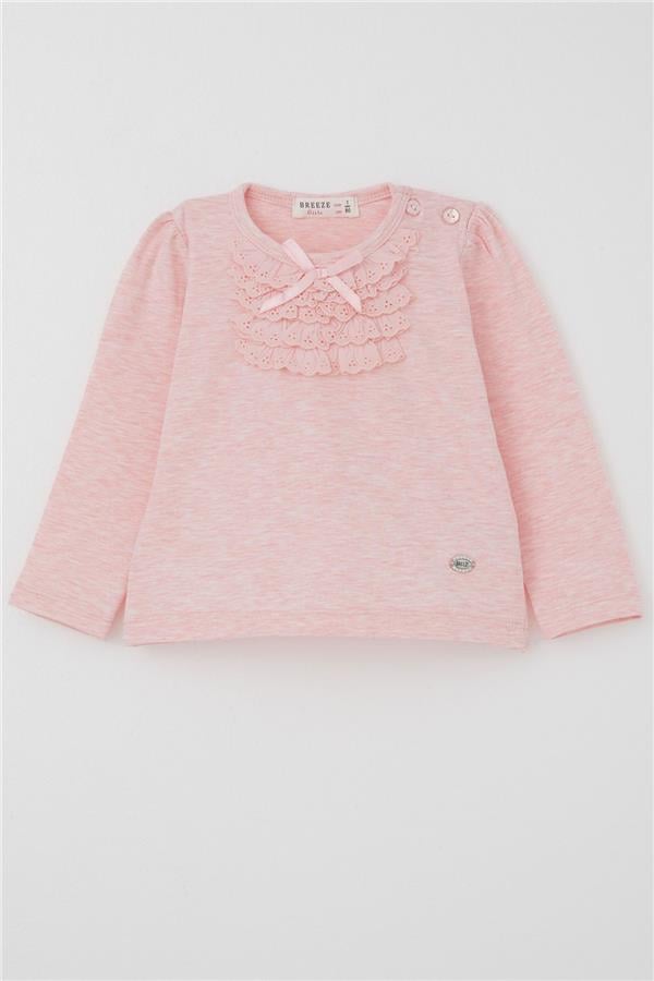 Baby Girl Long-Sleeved T-Shirt with Lace and Bow, Salmon Melange (6 Months-2 Years)