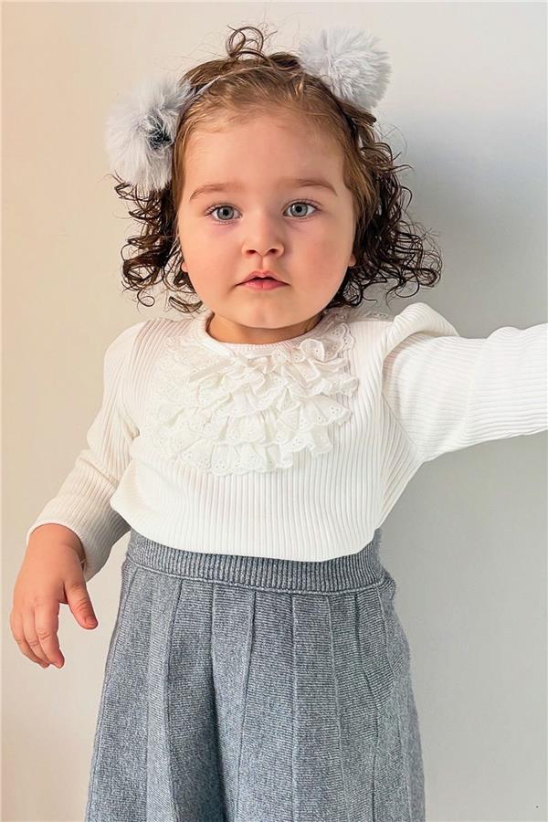 Baby Girl Long-Sleeved T-Shirt with Lace Bow, Ecru (6 Months-2 Years)
