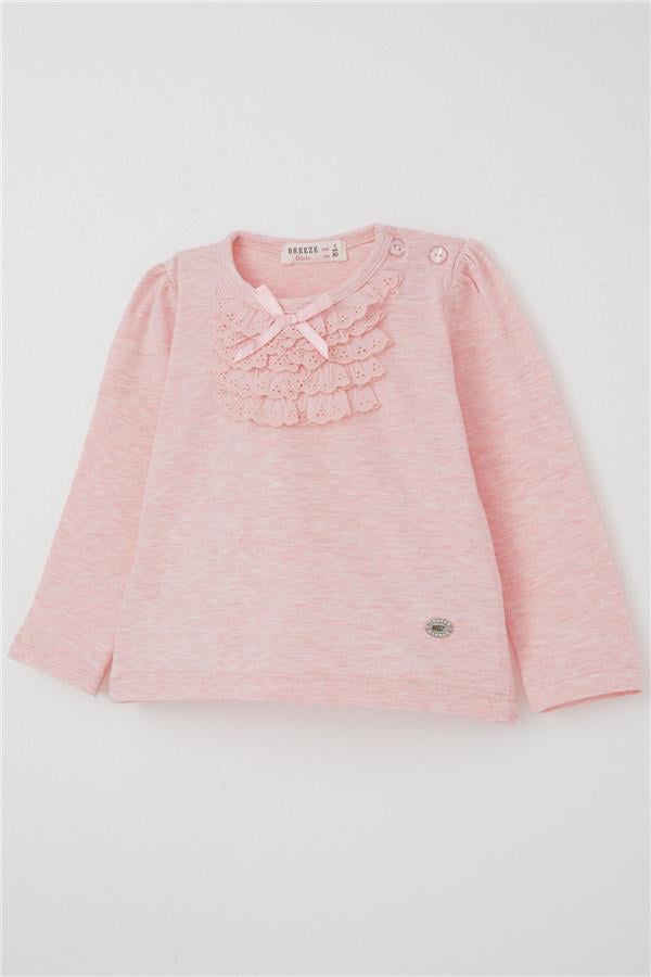 Baby Girl Long-Sleeved T-Shirt with Lace and Bow, Salmon Melange (6 Months-2 Years)