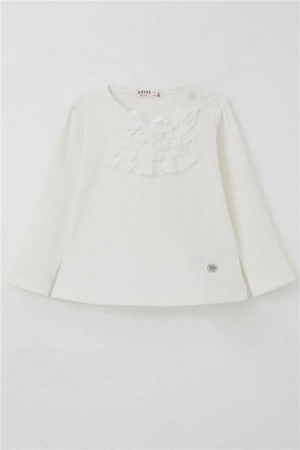 Baby Girl Long-Sleeved T-Shirt with Lace Bow, Ecru (6 Months-2 Years)