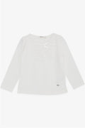 Girls' Long-Sleeved T-Shirt with Lace and Bow, Ecru (Ages 3-8)