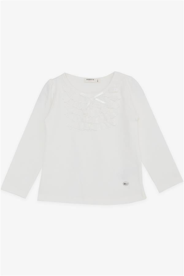 Girls' Long-Sleeved T-Shirt with Lace and Bow, Ecru (Ages 3-8)