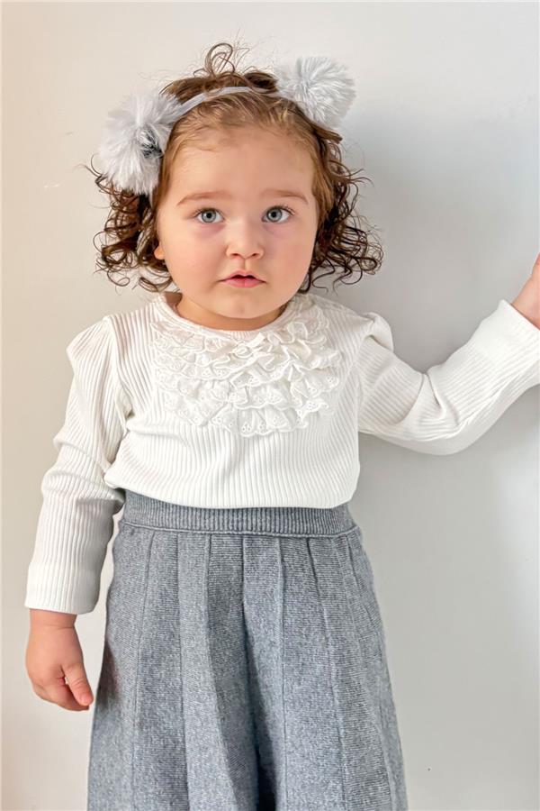 Baby Girl Long-Sleeved T-Shirt with Lace Bow, Ecru (6 Months-2 Years)