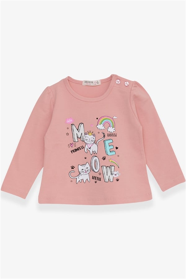 Baby Girl Long-Sleeve T-Shirt with Kitten Print, Salmon (9 Months-3 Years)