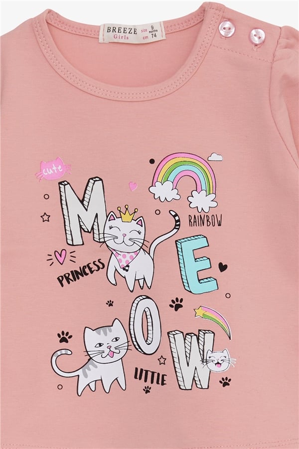 Baby Girl Long-Sleeve T-Shirt with Kitten Print, Salmon (9 Months-3 Years)