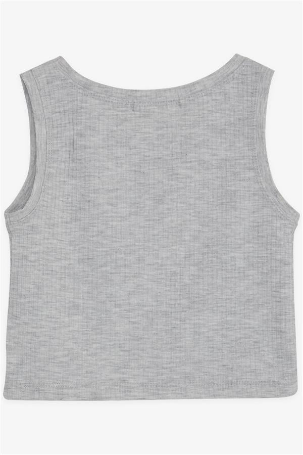 Girls' Sleeveless T-Shirt with Emblem and Rhinestones, Light Grey Melange (Ages 9-14)