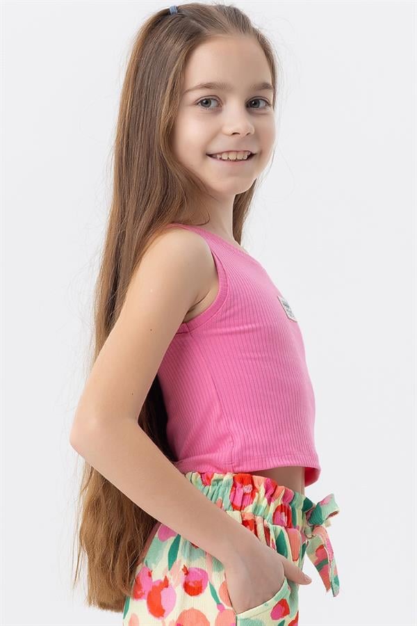 Girls' Sleeveless T-Shirt with Embellished Embellished Logo, Fuchsia (Ages 9-14)
