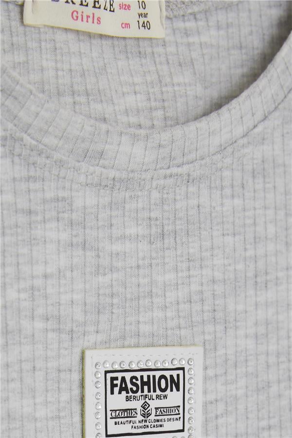 Girls' Sleeveless T-Shirt with Emblem and Rhinestones, Light Grey Melange (Ages 9-14)