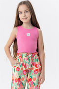 Girls' Sleeveless T-Shirt with Embellished Embellished Logo, Fuchsia (Ages 9-14)