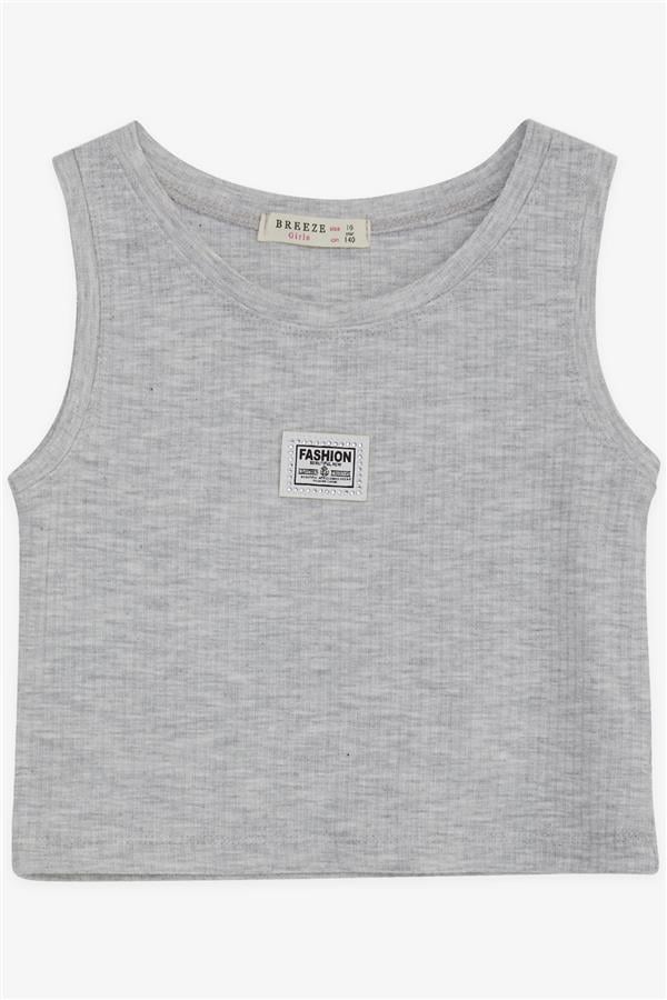 Girls' Sleeveless T-Shirt with Emblem and Rhinestones, Light Grey Melange (Ages 9-14)