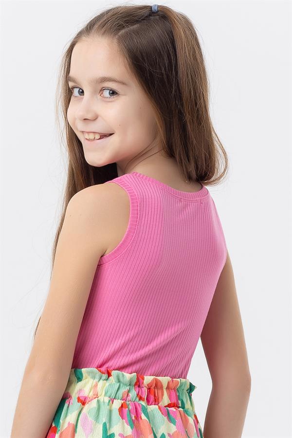 Girls' Sleeveless T-Shirt with Embellished Embellished Logo, Fuchsia (Ages 9-14)