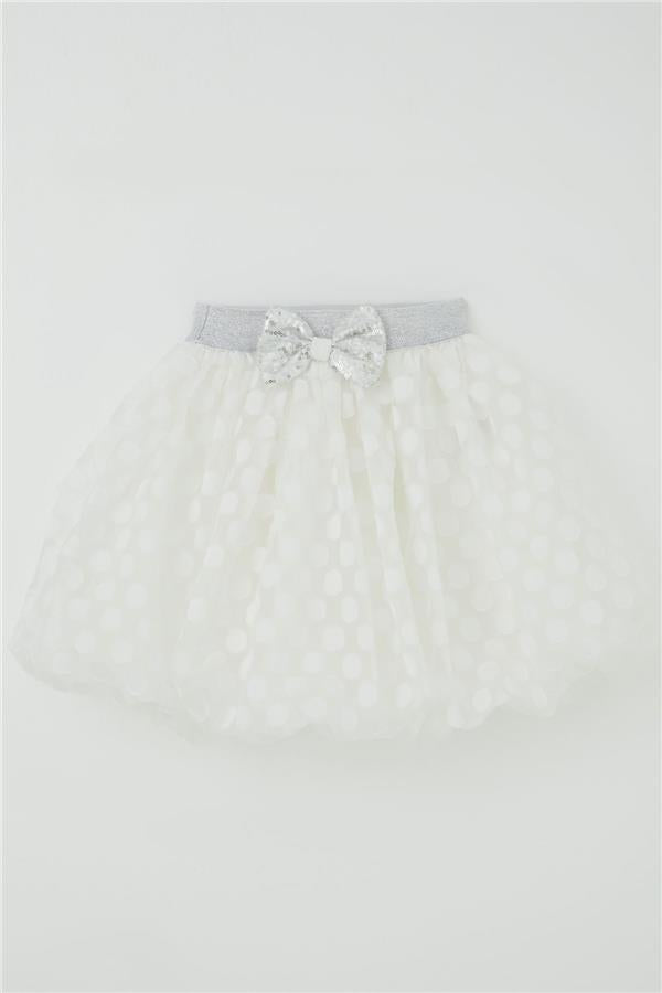 Girls' Balloon Skirt with Polka Dot Pattern and Bow Accessory, Ecru (Ages 5-9)
