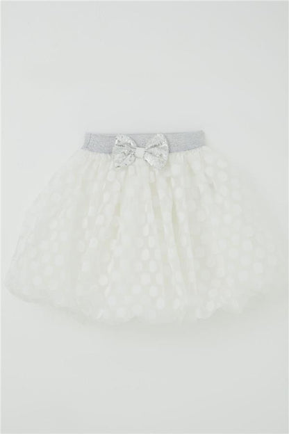 Girls' Balloon Skirt with Polka Dot Pattern and Bow Accessory, Ecru (Ages 5-9)