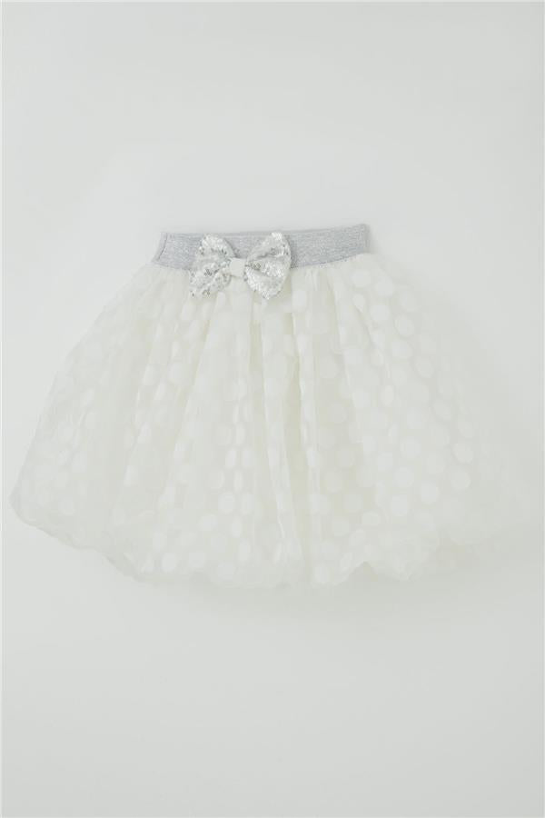 Girls' Balloon Skirt with Polka Dot Pattern and Bow Accessory, Ecru (Ages 5-9)
