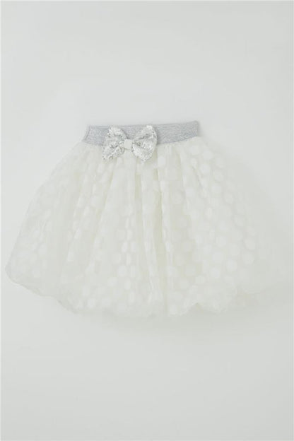 Girls' Balloon Skirt with Polka Dot Pattern and Bow Accessory, Ecru (Ages 5-9)