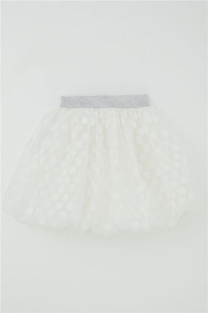 Girls' Balloon Skirt with Polka Dot Pattern and Bow Accessory, Ecru (Ages 5-9)