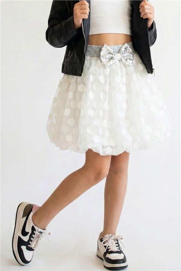 Girls' Balloon Skirt with Polka Dot Pattern and Bow Accessory, Ecru (Ages 5-9)