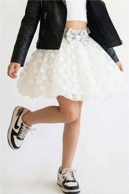 Girls' Balloon Skirt with Polka Dot Pattern and Bow Accessory, Ecru (Ages 5-9)