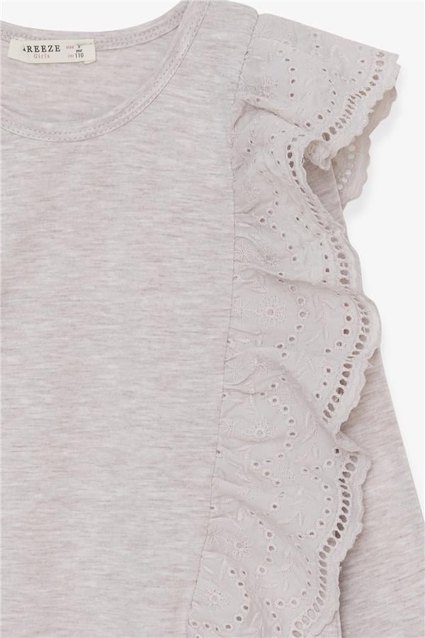 Girl's Blouse with Lace Trim, Beige Melange (Ages 5-10)
