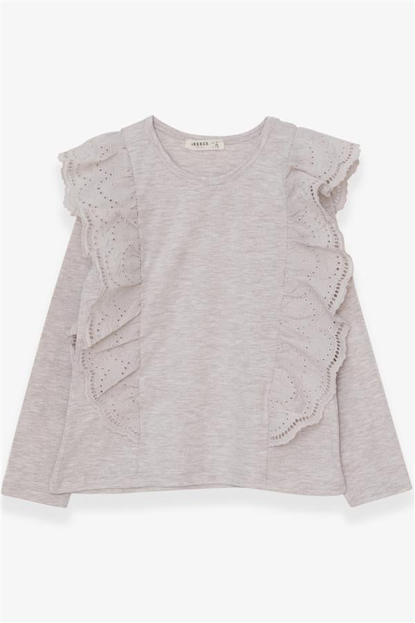 Girl's Blouse with Lace Trim, Beige Melange (Ages 5-10)