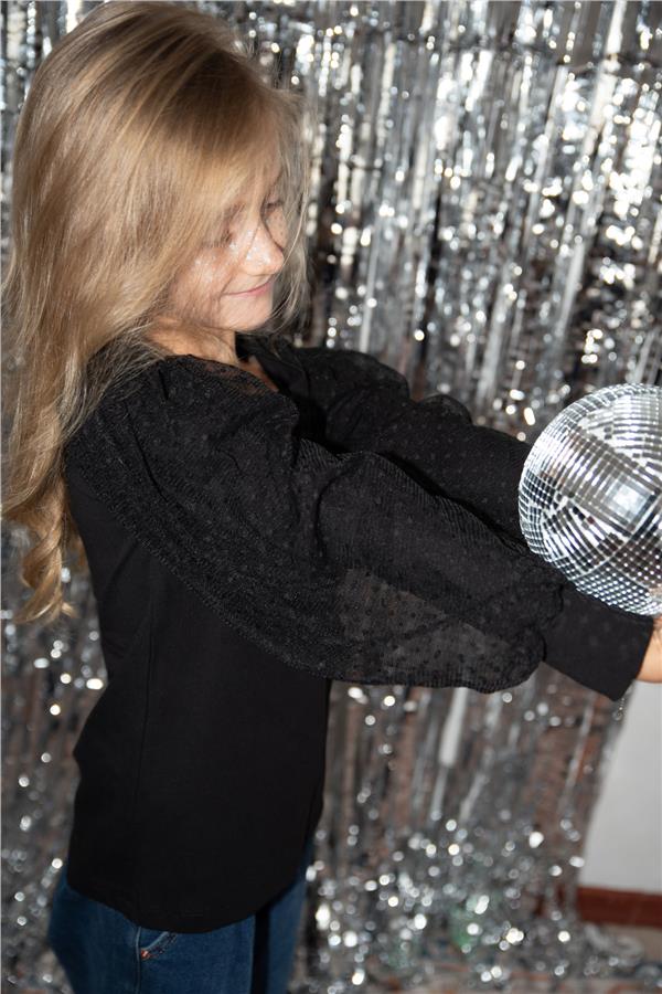 Girl's Blouse with Tulle Detail on Sleeves, Black (Ages 3-5)