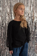 Girl's Blouse with Tulle Detail on Sleeves, Black (Ages 3-5)