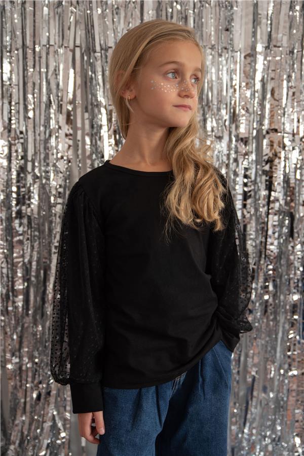 Girl's Blouse with Tulle Detail on Sleeves, Black (Ages 3-5)
