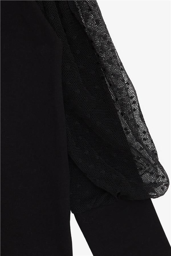 Girl's Blouse with Tulle Detail on Sleeves, Black (Ages 3-5)