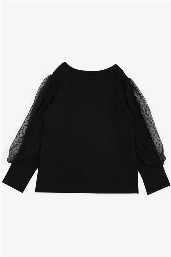 Girl's Blouse with Tulle Detail on Sleeves, Black (Ages 3-5)