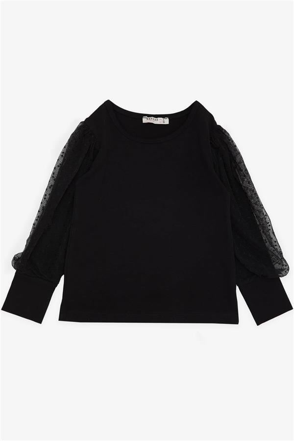 Girl's Blouse with Tulle Detail on Sleeves, Black (Ages 3-5)