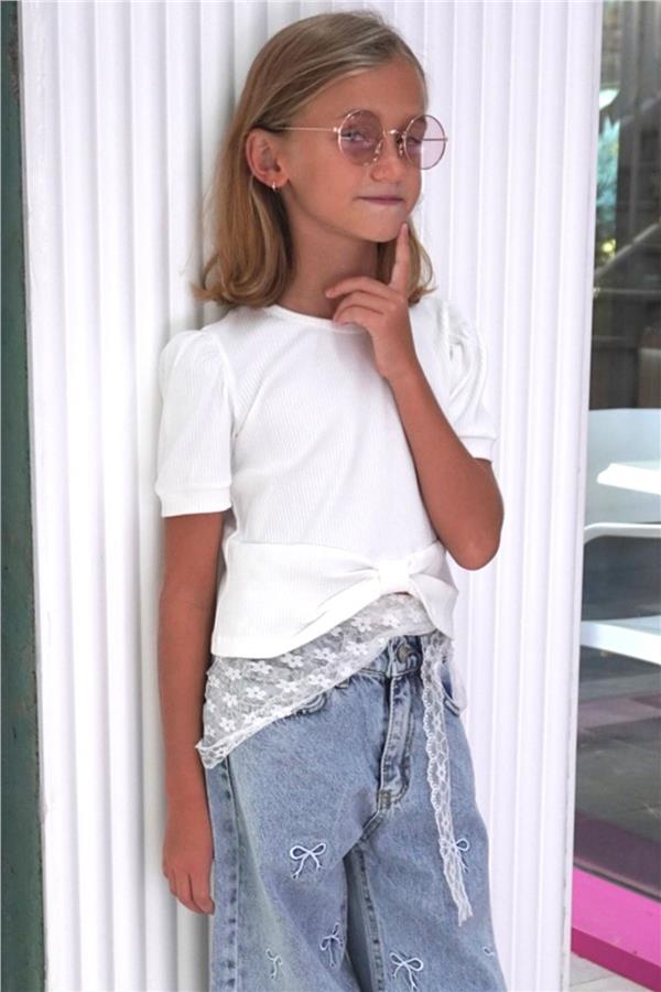 Girls' Crop T-Shirt with Crop Top Detail, Ecru (Ages 8-14)