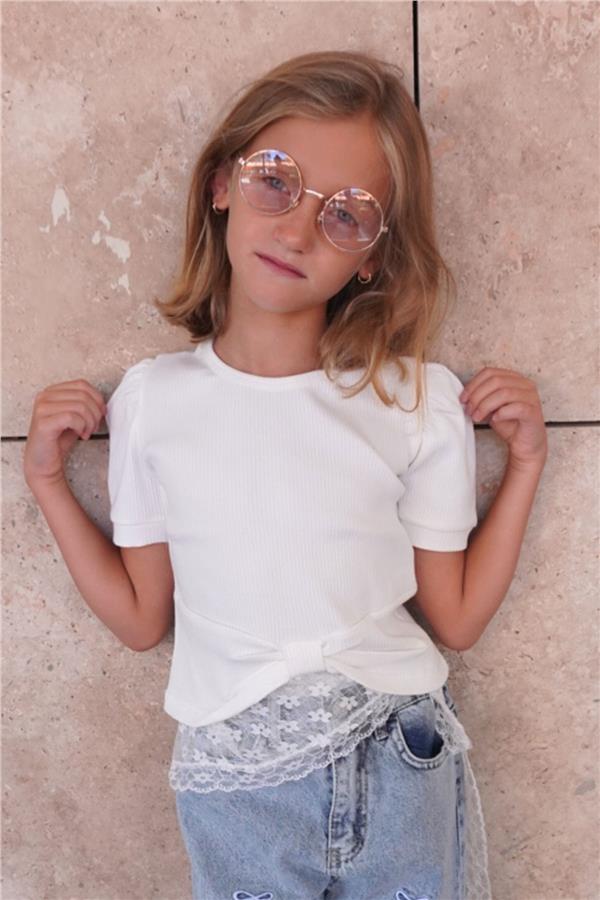 Girls' Crop T-Shirt with Crop Top Detail, Ecru (Ages 8-14)