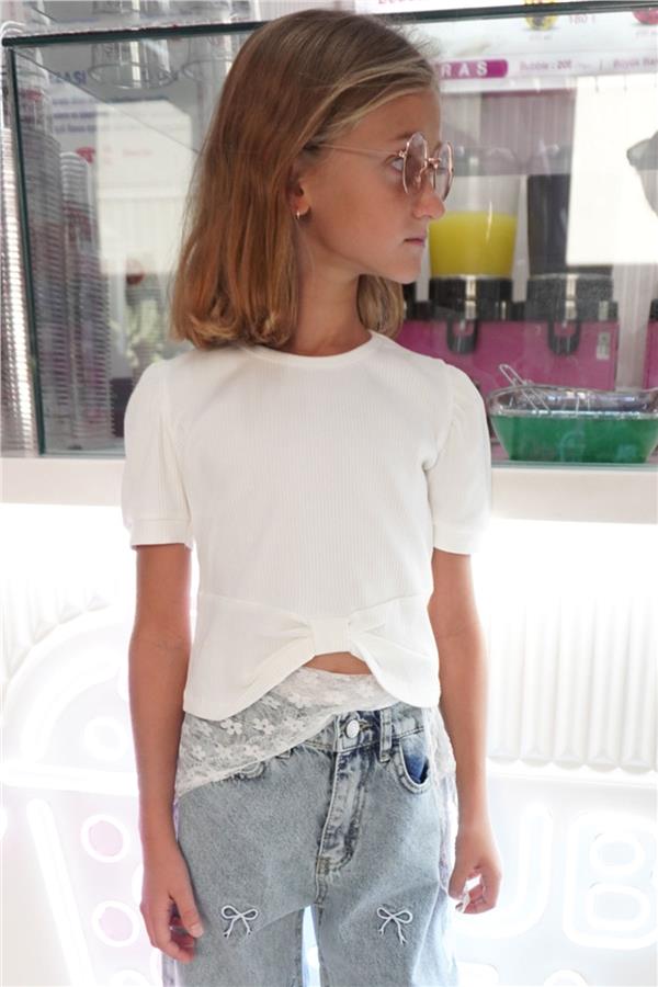 Girls' Crop T-Shirt with Crop Top Detail, Ecru (Ages 8-14)