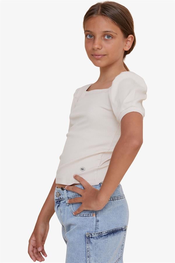 Girls' Crop T-Shirt, Square Neck, Beige (Ages 8-14)