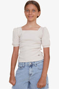 Girls' Crop T-Shirt, Square Neck, Beige (Ages 8-14)