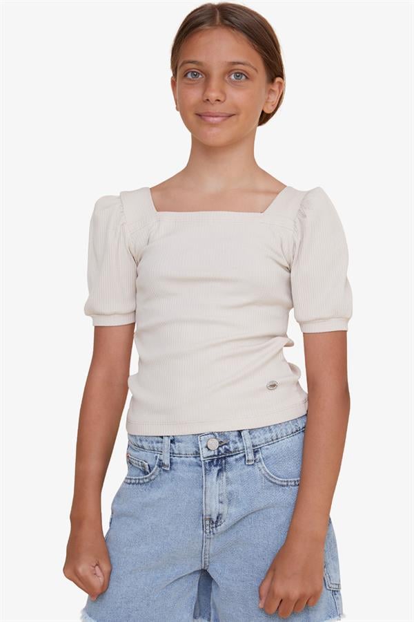 Girls' Crop T-Shirt, Square Neck, Beige (Ages 8-14)