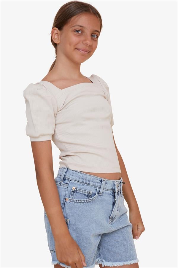 Girls' Crop T-Shirt, Square Neck, Beige (Ages 8-14)