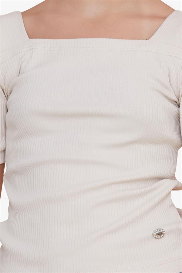Girls' Crop T-Shirt, Square Neck, Beige (Ages 8-14)