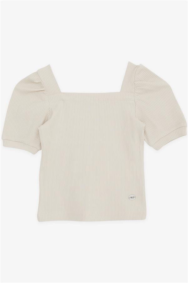 Girls' Crop T-Shirt, Square Neck, Beige (Ages 8-14)
