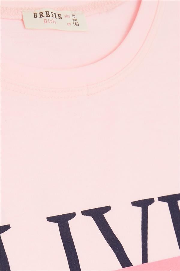 Girls' Crop T-Shirt with Button Details on Sleeves, Glittery Text Print, Pink (Ages 9-16)