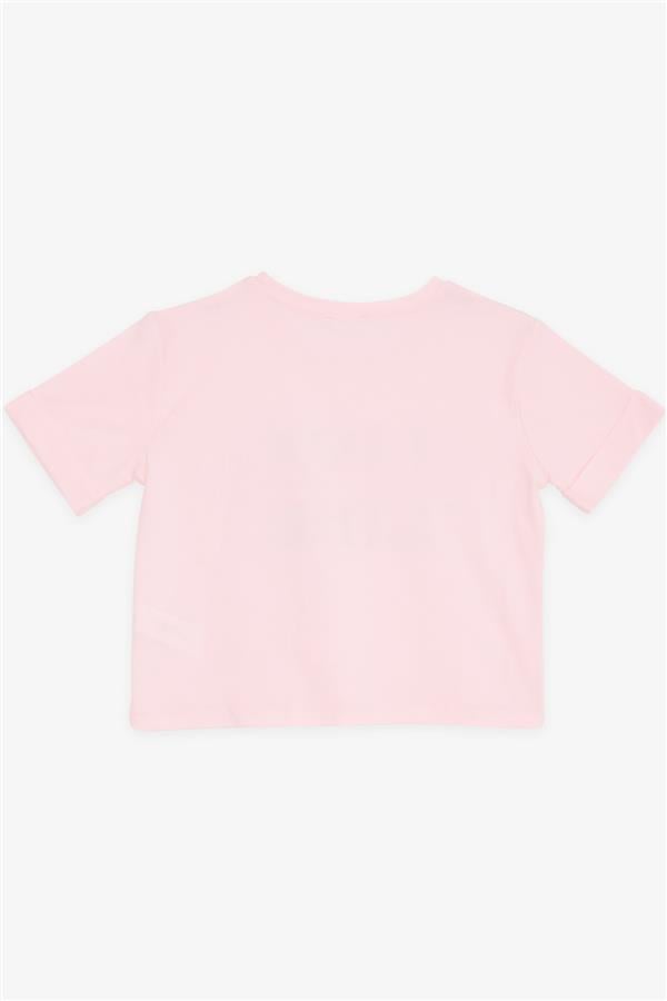 Girls' Crop T-Shirt with Button Details on Sleeves, Glittery Text Print, Pink (Ages 9-16)