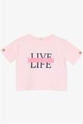 Girls' Crop T-Shirt with Button Details on Sleeves, Glittery Text Print, Pink (Ages 9-16)