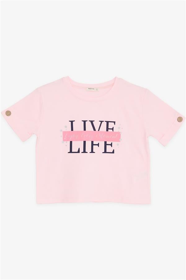 Girls' Crop T-Shirt with Button Details on Sleeves, Glittery Text Print, Pink (Ages 9-16)