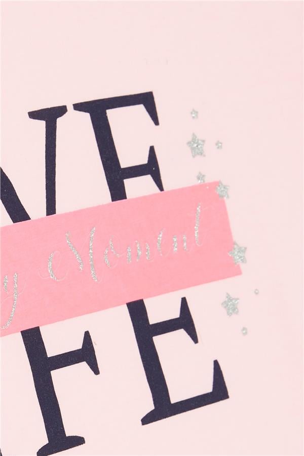 Girls' Crop T-Shirt with Button Details on Sleeves, Glittery Text Print, Pink (Ages 9-16)
