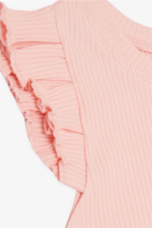 Girls' Crop T-Shirt with Ruffled Sleeves, Salmon (Ages 8-14)