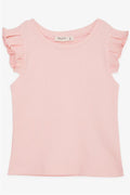 Girls' Crop T-Shirt with Ruffled Sleeves, Salmon (Ages 8-14)